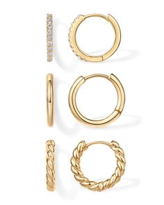 PRICES MAY VARY. Elevate your style with our dainty earrings set. It includes three pairs of mini gold hoops featuring a 15mm outer diameter premium AAAAA cubic zirconia hoop, a 16mm outer diameter plain hoop, and a 17.8mm outer diameter rope hoop, each showcasing an exquisite, trendy look. Our small huggies are not just eye-catching but also comfortable and lightweight, making them perfect for daily wear. These earrings are crafted with s925 sterling silver posts and plated in 18k yellow gold t Mini Gold Hoops, Earrings Pack, Mini Gold, Small Hoop Earrings, Mini Hoop Earrings, Hoop Earring Sets, Zirconia Earrings, Lightweight Earrings, Dainty Earrings