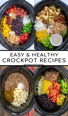 four pictures showing the steps to make healthy crockpot meals