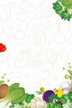 an illustration of vegetables and fruits on a white background with space for text or image