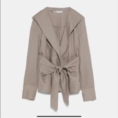 Zara Linen Jacket Cappuccino Color Belted Small New Chic Taupe Outerwear For Spring, Elegant Brown Outerwear For Day Out, Brown Blazer For Spring, Brown Long Sleeve Blazer For Spring, Chic Brown Outerwear For Day Out, Zara Brown Lapel Collar Outerwear, Beige Linen Outerwear For Spring, Zara Brown Outerwear With Lapel Collar, Beige Linen Spring Outerwear