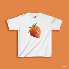 90's style white baby tee featuring large illustration of a orange and red strawberry Y2k Short Sleeve T-shirt With Fruit Print, Y2k Cotton T-shirt With Fruit Print, Y2k Style Cotton T-shirt With Fruit Print, Playful White Tops With Strawberry Print, Strawberry Shortcake Shirt, Big Strawberry, 90s Crop Top, Bobby Socks, Low Rise Skirt