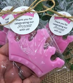 two pink princess crowns in plastic bags with thank you for celebrating our princess with us tags