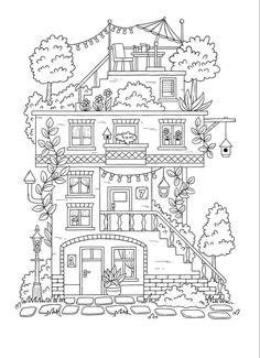 a drawing of a house with trees and bushes on the outside, in black and white