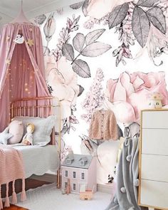 "Welcome to Tapet Show! Give a beautiful look to your walls with our SELF ADHESIVE, peel and stick wallpaper wall mural - easier to install and less mess! This stunning oversized floral print has a white background with blush pink roses accented by smaller leaves in light grey. This \"wallpaper\" is typically used to add impact to a focal wall as a mural. FEATURES ▪ Self adhesive peel and stick, removable wallpaper mural. ▪ Digitally printed and cut. ▪ Created using the latest, ecological HP tec Pink Flower Wallpaper, Watercolor Floral Nursery, Pink And Grey Wallpaper, Floral Wallpaper Nursery, Kindergarten Wallpaper, Girls Room Wallpaper, Wallpaper Watercolor, Pink Flowers Wallpaper, Nursery Wall Murals