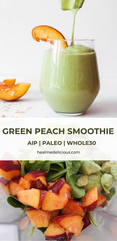 green smoothie with peaches and avocado in it