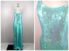 "This is a JAW-DROPPING vintage gown! It's fully embellished with iridescent sequins and in perfect condition! Measurements: Bust - 34\" Waist - 27\" Hips - 36\" Length - 59\" This item comes from a pet-free and smoke-free home. If you would like more info or have any questions, please don't hesitate to ask!" Glamorous Green Sequined Mermaid Dress, Glamorous Green Mermaid Dress With Sequins, Formal Sequined Mermaid Dress, Fitted Mermaid Gown With Sequins, Sequin Mermaid Dress For Prom, Mermaid Sequin Dress For Wedding And Party Season, Embellished Mermaid Evening Dress, Sequin Mermaid Gown For Night Out, Prom Season Mermaid Sequin Dress