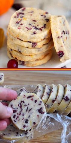 two pictures with cookies and cranberries on them, one is cut in half