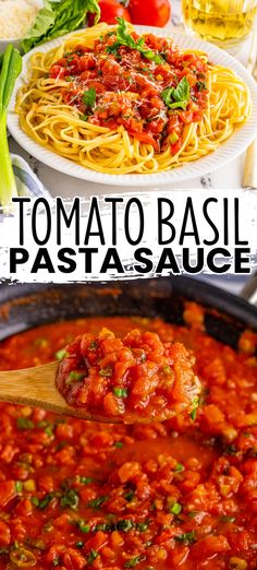 tomato basil pasta in a skillet with a wooden spoon and tomatoes on the side