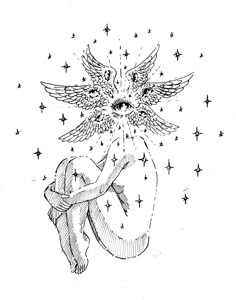 an ink drawing of a heart with wings and stars