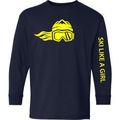 The girls’ Ski Like a Girl navy blue long-sleeve t-shirt with a bright yellow logo brings a pop of color to any ski winter outfit. Made from soft, breathable fabric, this shirt ensures comfort and style for young skiers both on and off the slopes. Winter Long Sleeve T-shirt For Outdoor Activities, Winter Outdoor Long Sleeve T-shirt, Sporty Yellow Long Sleeve T-shirt, Winter Sports Long Sleeve T-shirt, Blue T-shirt For Winter Sports, Long Sleeve Tops For Ski Season And Winter Sports, Sporty Long Sleeve T-shirt For Winter, Long Sleeve Tops For Ski Season, Sporty Winter Long Sleeve T-shirt