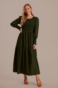 Solid Long Sleeve Smocked Dress With Ruched Detail, Long Sleeve Smocked Dress With Ruched Detail, Tiered Smocked Dress With Ruffle Hem, Smocked Maxi Dress, Green Maxi Dress, Green Maxi, Maxi Dress Green, Green Lantern, Lantern Sleeve