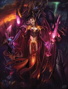 a woman dressed as a demon standing in front of two demonic creatures with glowing hands