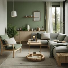 a living room with green walls and furniture