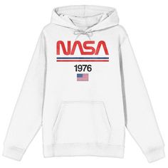 Shoot for the stars with this NASA sweatshirt. The hoodie features an image of the American flag under the year 1976 while red letters above a red and blue stripe spell out the NASA logo. The sweatshirt comes in white with an adjustable hood and a large pouch pocket. NASA fans will love this comfy and cozy hoodie. Throwback Hoodie With Letter Print And Crew Neck, Throwback Crew Neck Hoodie With Letter Print, Retro Long Sleeve Hoodie With Letter Print, Retro Hoodie Sweatshirt With Letter Print, Retro Letter Print Hoodie Sweatshirt, Vintage Hooded Tops With Letter Print, Vintage Hooded Top With Letter Print, Retro Crew Neck Sports Hoodie, Cotton Hooded Top With Lettering