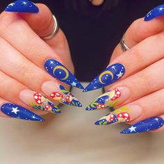 #attentionhorror #fyp #docmartins #goth #gothic #tattoos #skeleton #grunge #grungemakeup #halloween Blonde Fairy, Blue Stiletto Nails, Witchy Nails, Fantasy Nails, Moon Nails, 4th Of July Nails, Polka Dot Nails, July Nails