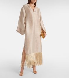 Tigris fringed linen-blend shift dress in beige - Taller Marmo | Mytheresa Elegant V-neck Dress With Tassels, Elegant Midi Dress With Side Slits For Vacation, Elegant Silk Dress With Fringe, Elegant Neutral Linen Dress, Elegant Linen Dresses For Vacation, Elegant Neutral Linen Midi Dress, Silk Beige Vacation Dress, Elegant Neutral Linen Daywear Dress, Elegant Linen Dress With Side Slits