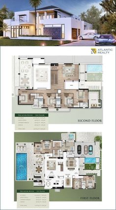 the floor plan for this modern home is shown in two different colors and features an open concept