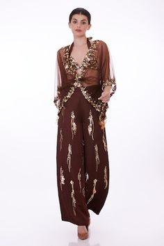 Chocolate brown kaftan with sequin applique, cutdana, bead embroidered border in floral pattern. - Aza Fashions Sequined Palazzo Set For Eid Evening, Festive Evening Kaftan With Floral Embroidery, Festive Floral Embroidered Kaftan For Party, Festive Anarkali Kaftan With Sequins, Floral Embroidered Kaftan For Party, Party Kaftan With Floral Embroidery And Traditional Drape, Embellished Palazzo Set For Diwali Evening, Festive Party Kaftan With Floral Embroidery, Designer Fitted Kaftan With Resham Embroidery