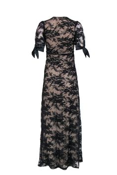 Get some dark lace in your closet today with this romantic gown from Night Cap! Made with a satin trim, this is a fitted-to-perfection frock to wear with all your favorite strappy sandals and a smudged dark lip for some gothic style that is sure to shake up any evening. Size XS 89% Polyamide, 8% Elastane, 3% Viscose V-neckline Short sheer sleeves with satin ties Lace overlay with contrasting lining Material provides stretch, no closures Waist 24" Bust 28" Total length 56" Fitted Lace Patchwork Evening Dress, Fitted Lace Patchwork Dress For Evening, Lace Dress With Fitted Bodice For Evening, Fitted Lace Dress With Lace Trim For Gala, Fitted Evening Dress With Delicate Lace, Fitted Evening Dress With Contrast Lace, Evening Dress With Contrast Lace, Fitted Evening Dress With Lace Closure, Fitted Lace Patchwork Evening Dress For Formal Occasions