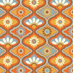 an orange and blue pattern with flowers on it