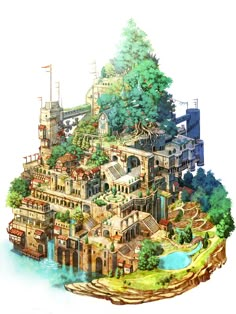 an island with lots of buildings and trees on top of it, surrounded by water