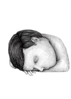 a black and white drawing of a person sleeping