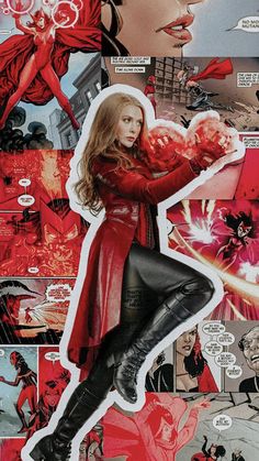 an image of a woman in red and black with her hands on her hips, surrounded by comic panels