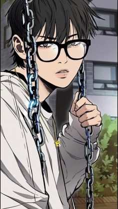 an anime character with glasses and chain around his neck, holding onto the chains he is wearing