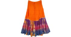 A plus size fresh style ankle length skirt with tiers for a hippie look in a tangy orange color that catches everyone's attention on the street. Rock the gypsy look with this ultra cool skirt. On the lower half of this skirt, beautiful tie-dye work is done in chic prismatic colors of purple, pink and blue that mix and match with each other perfectly and the bottom half of the skirt is very full of fabric for a graceful fall. A blend of three colors with a contrasting orange makes this skirt even Orange Tiered Skirt For Spring, Orange Flowy Tiered Skirt, Orange Tiered Flowy Skirt, Orange Maxi Skirt For Summer Vacation, Flowy Orange Maxi Skirt For Summer, Flowy Tiered Orange Skirt, Orange Tiered Maxi Skirt For Spring, Orange Bohemian Skirt For Summer, Orange Skirted Bottoms For Spring