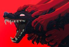 an animal with its mouth open and it's teeth wide open on a red background