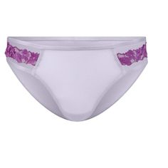 This panty features a flattering cut and delicate lace detailing, perfect for adding a romantic touch to your everyday wear. Feminine Sheer Stretch Bottoms, Delicate Lace Brief Bottoms For Summer, Feminine Lace Trim Brief Bottoms, Feminine Fitted Bottoms With Contrast Lace, Feminine Delicate Lace Brief Bottoms, Purple Lace Trim Brief Bottoms, Purple Brief Bottoms With Lace Trim, White Brief Bottoms With Contrast Lace, Elegant Purple Brief Bottoms