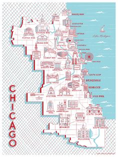 the chicago neighborhood map in red and blue