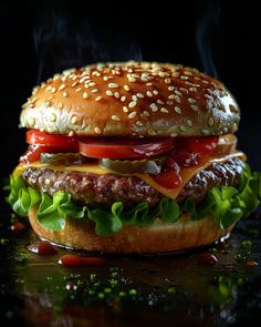 a hamburger covered in ketchup, lettuce and tomato on a bun