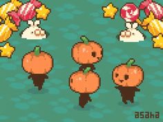 pixel art pumpkins and stars on a blue background