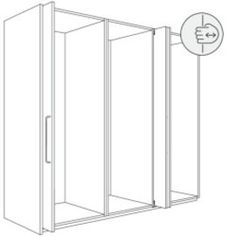 a drawing of a shower stall with the door open and an arrow pointing to the right