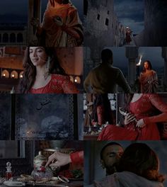 a collage of photos with people dressed in red and one woman wearing a red dress