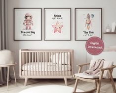 a baby's room with three pictures on the wall and a rocking chair next to it