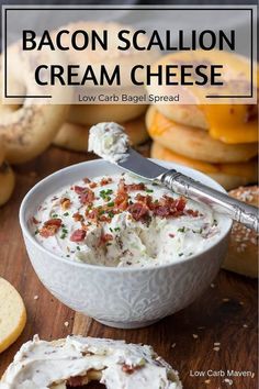 bacon scallion cream cheese in a white bowl with crackers and bagels