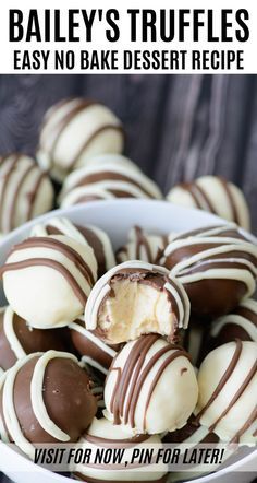 a bowl full of chocolate covered truffles with text overlay that reads bailey's irish cream truffles visit for now pin for later