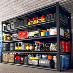 a large metal shelf filled with lots of different types of cans and other items on top of it