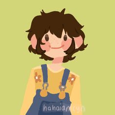 a drawing of a person with brown hair and overalls