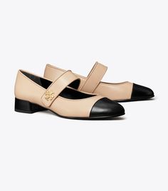 Cap-Toe Mary Jane Heel Ballet: Women's Designer Flats | Tory Burch Classic Flats With Heel Strap Medium Width, Elegant Ballet Flats With Low Heel And Heel Strap, Elegant Flats With Contrasting Heel And Round Toe, Chic Medium Width Mary Janes For Work, Chic Medium Width Mary Janes For Workwear, Classic Low Heel Mary Janes For Fall, Mary Janes With Almond Toe For Workwear, Medium Width Mary Janes With Almond Toe For Workwear, Elegant Closed Toe Mary Janes For Fall