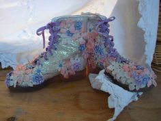 In a child size 10.5; these one of a kind, embellished, recycled children's boots are just the thing for dressing up a party outfit or stomping in secret forest places!  Iridescent glittered re-purposed, altered fairy boots adorned with silk flower petals, vintage velvet leaves, rhinestones, and velvet ribbon.  fly Fairy Boots, Recycled Shoes, Velvet Leaves, Secret Forest, Vintage Baby Shower, Magical Fairy, Magical Gift, Original Collage, Silk Flower