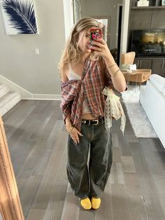 #yellowshoesoutfit #ginghamoutfit #barreljeans #freepeople 90s Hipster Fashion, Colourful Trousers Outfit, Tucked Flannel Outfits, Bandana Outfit Winter, Outfit To Go Thrifting, 70s Flannel Outfit, Layered Outfits Aesthetic Summer, Boyfriends Clothes Outfit, Winter Tank Top Outfits