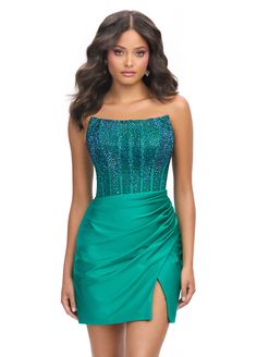 Achieve a stunning look with the Ashley Lauren 4686 Short Sheer Crystal Homecoming Dress. This formal gown features a corset boning for a flawless fit. The scoop neck design adds a touch of elegance, while the sheer crystal detailing adds a subtle sparkle. Perfect for any special occasion. Sizes: 00-18 Colors: Aqua, Emerald, Red, Turquoise, Black, Hot Pink, Royal, White Pink Homecoming Dress Short, Hot Pink Homecoming Dress, Ashley Lauren, Corset Boning, Hot Pink Shorts, Dress With Corset, Pink Homecoming Dress, Beaded Cocktail Dress, Jersey Skirt