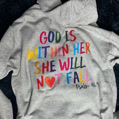 God Is Within Her She Will Not Fall -Spiritual Hoodie Inspirational Hooded Sweatshirt For Fall, Inspirational Hooded Fall Sweatshirt, Cotton Workout Hoodie With Graphic Print, God Heals Hoodie, I Am A Child Of God Hoodie, Spiritual Hoodie, Types Of Body Shapes, Plus Sized, Grey Hoodie