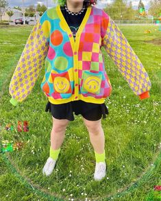 Clowncore Cardigan, Clowncore Aesthetic Outfits, Clowncore Fashion, Fun Sweaters, Colorful Knit Sweater, Cardigan Colorful, Colourful Clothes, Silly Clothes, Colorful Knit