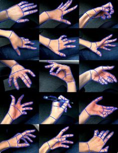 multiple images of hands and fingers with blue lines on the palm, showing different angles