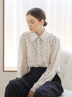 Composition : 100% polyesterColor : IVORY_FREE,BLACK_FREECountry of Origin : Republic of Korea Sheer Chiffon Blouse For Work, Chanel Loafers, Chiffon Blouse, Spring Fashion, Chiffon, Top Blouse, Composition, Top Outfits, Clothes For Women