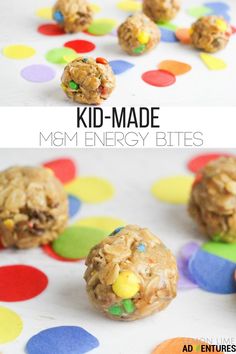 no bake cookies with m & m energy bites in the middle and on top